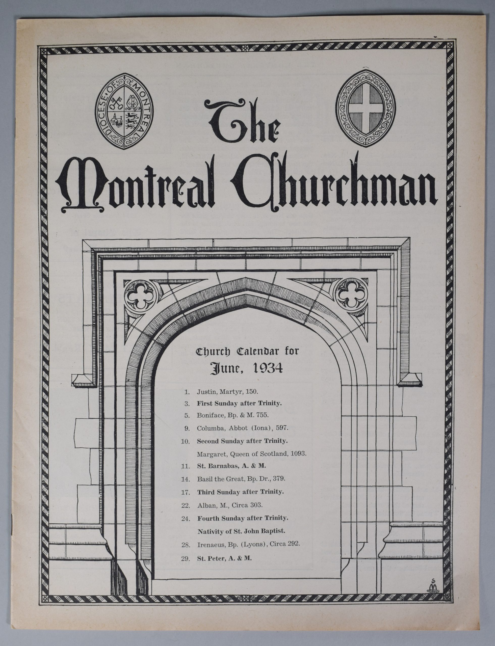 Cover of The Montreal Churchman of June 1934, black ink on sepia paper. The top of the page contains the title “The Montreal Churchman”. To the left of the title is the coat of arms of the Diocese of Montreal. Below the title is a drawing of a stone doorway with a pointed arch, inside which is written “Church Calendar for June, 1943” followed by a list of events for the month.