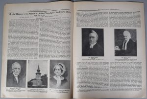 Pages 8 and 9 of The Montreal Churchman of June 1934, black ink on sepia paper. The top of the left-hand page indicates the title of the article: “Social History of the Parish of Christ Church, St. Andrews, Que. From 1818 to 1875 By Maude Elizabeth Seymour Abbott, B.A., M.D., McGill University, Montreal.” This is followed by two columns of introductory text. The lower third of the page contains three black and white photographs: Rev. Joseph Abbott; Christ Church, St. Andrews; and Mrs. Joseph Abbott (Harriet Anne Bradford). The two columns of text continue on the right-hand page with, in the centre of the page, two photographs of Rev. William Abbott and Mrs. William Abbott.