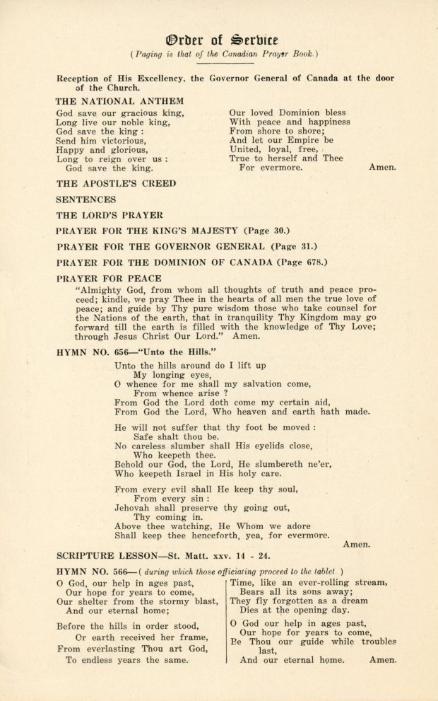 Second page of the program for the Sir John Joseph Caldwell Abbott memorial dedication ceremony at Christ Church, St. Andrews. The top reads “Order of Service”. This is followed by a list of prayers, lessons and hymns.
