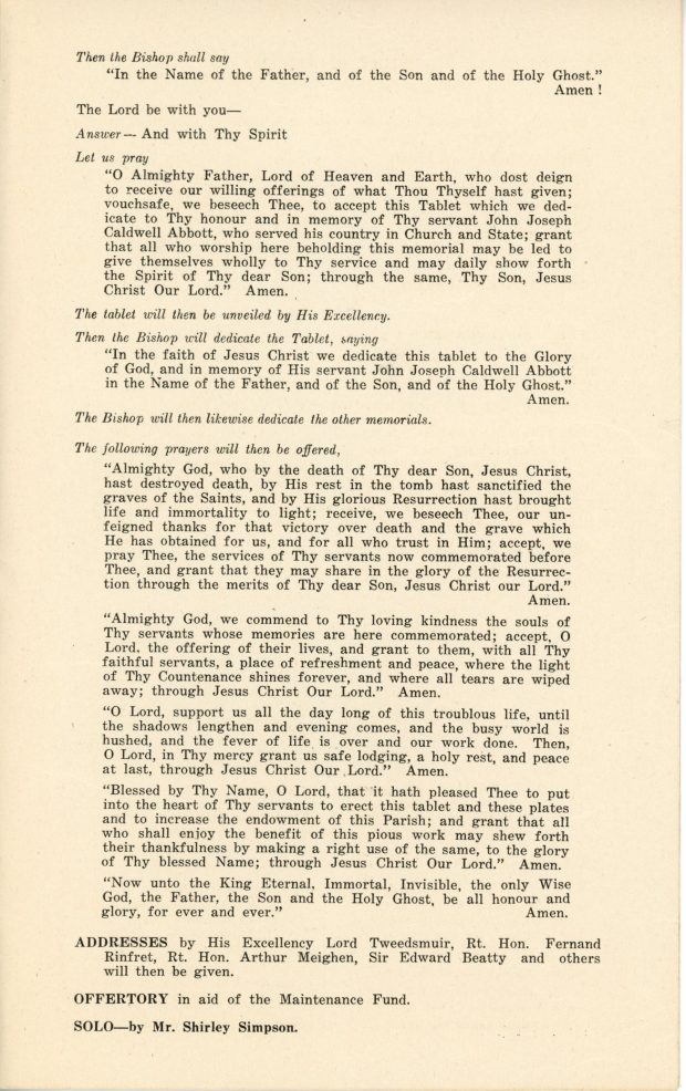 Third page of the program for the Sir John Joseph Caldwell Abbott memorial dedication ceremony at Christ Church, St. Andrews. It is the continuation of the order of service and lists the actions and addresses of the minister and guests and the prayers to be recited.