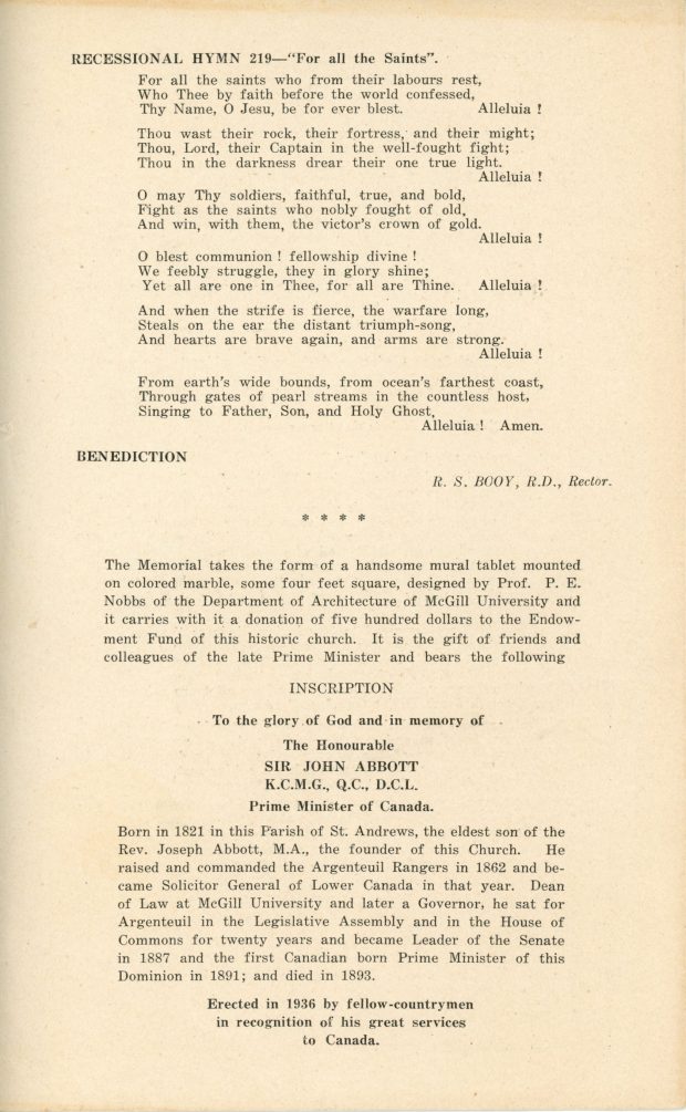 Last page of the program for the Sir John Joseph Caldwell Abbott memorial dedication ceremony at Christ Church, St. Andrews. It is the continuation of the order of service and lists a final prayer followed by the details of the memorial tablet.
