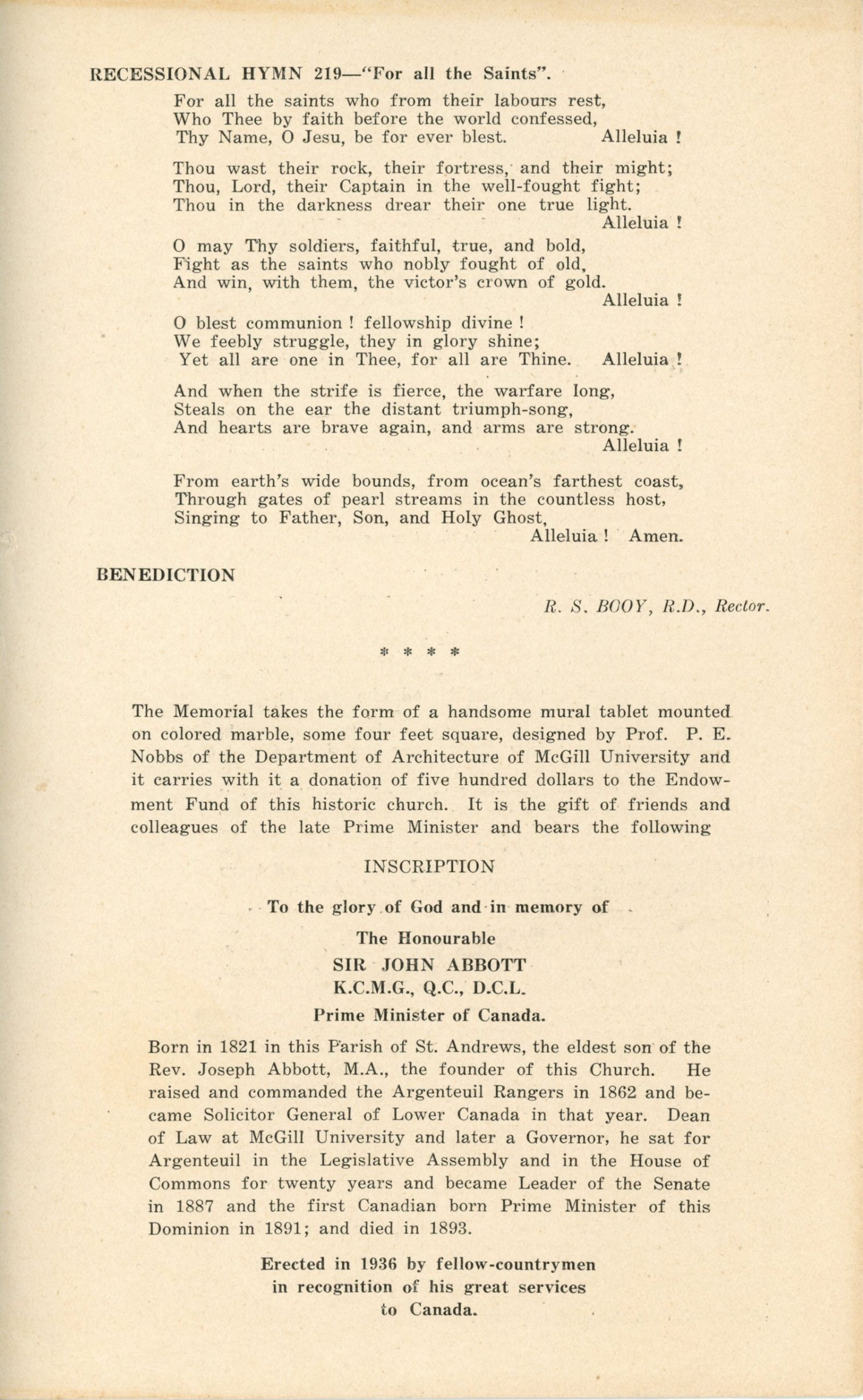 Last page of the program for the Sir John Joseph Caldwell Abbott memorial dedication ceremony at Christ Church, St. Andrews. It is the continuation of the order of service and lists a final prayer followed by the details of the memorial tablet.