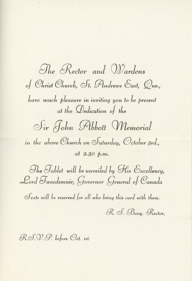 Back of the invitation to the Sir John Joseph Caldwell Abbott memorial dedication ceremony at Christ Church. Details on the time and the conduct of the service. The presence of Lord Tweedsmuir is announced.