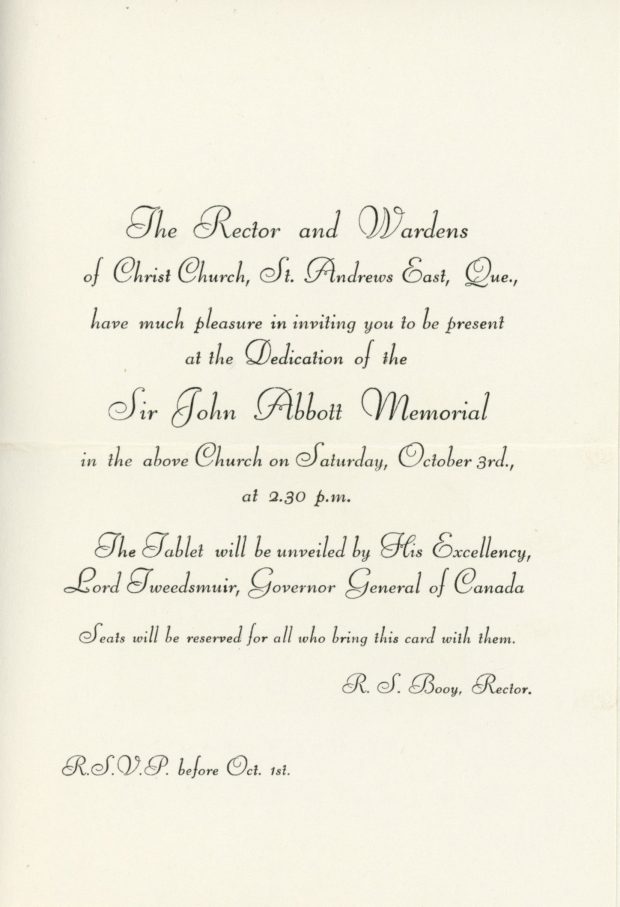 Back of the invitation to the Sir John Joseph Caldwell Abbott memorial dedication ceremony at Christ Church. Details on the time and the conduct of the service. The presence of Lord Tweedsmuir is announced.