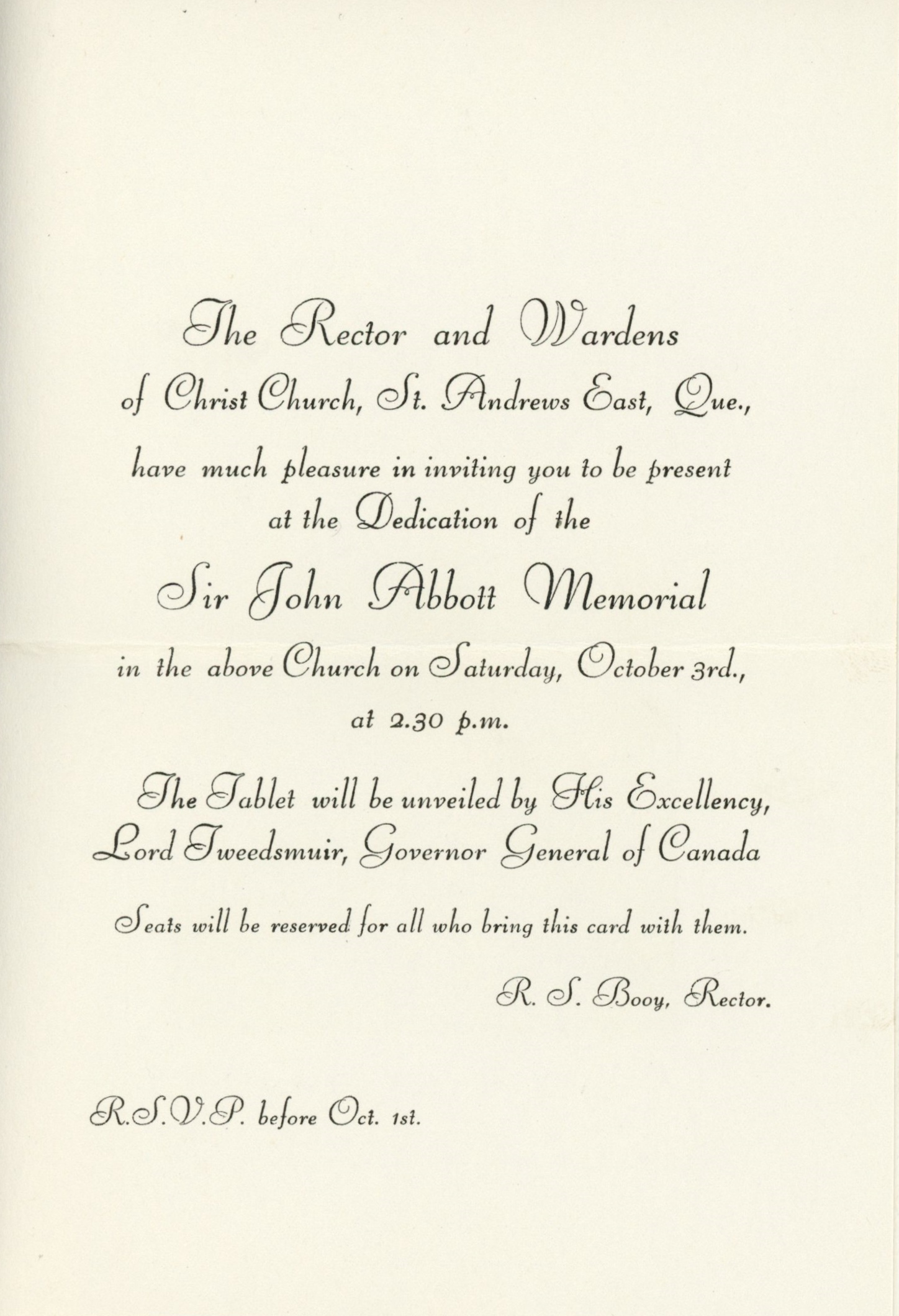 Back of the invitation to the Sir John Joseph Caldwell Abbott memorial dedication ceremony at Christ Church. Details on the time and the conduct of the service. The presence of Lord Tweedsmuir is announced.