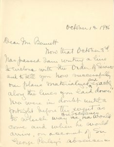 Handwritten letter from Maude Abbott to former prime minister R. B. Bennett (Richard Bedford Bennett) dated October 13, 1936, black ink on sepia paper. She describes the October 3, 1936 dedication ceremony for the Sir John Joseph Caldwell Abbott memorial. She says she is pleased with the enthusiasm of the people of the region for the event, and thanks the former prime minister for his interest and help in organizing it.