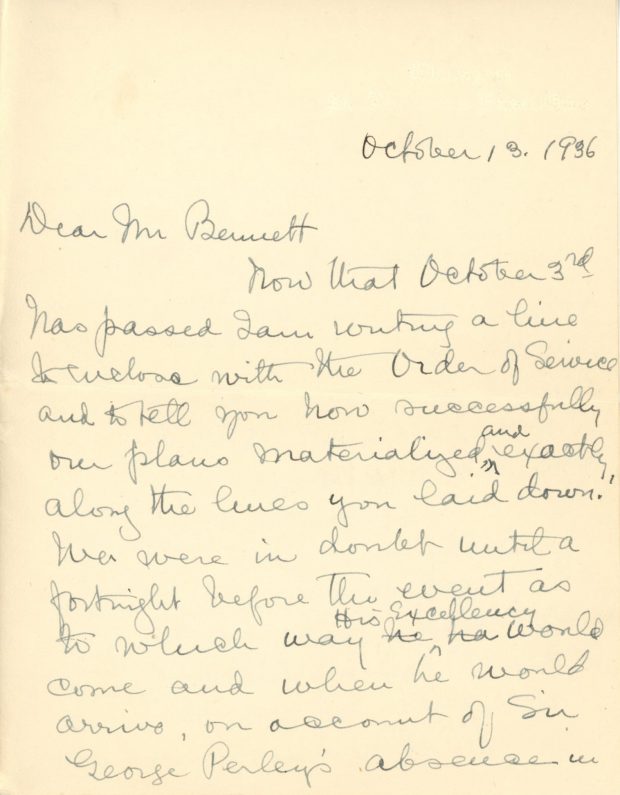 Handwritten letter from Maude Abbott to former prime minister R. B. Bennett (Richard Bedford Bennett) dated October 13, 1936, black ink on sepia paper. She describes the October 3, 1936 dedication ceremony for the Sir John Joseph Caldwell Abbott memorial. She says she is pleased with the enthusiasm of the people of the region for the event, and thanks the former prime minister for his interest and help in organizing it.