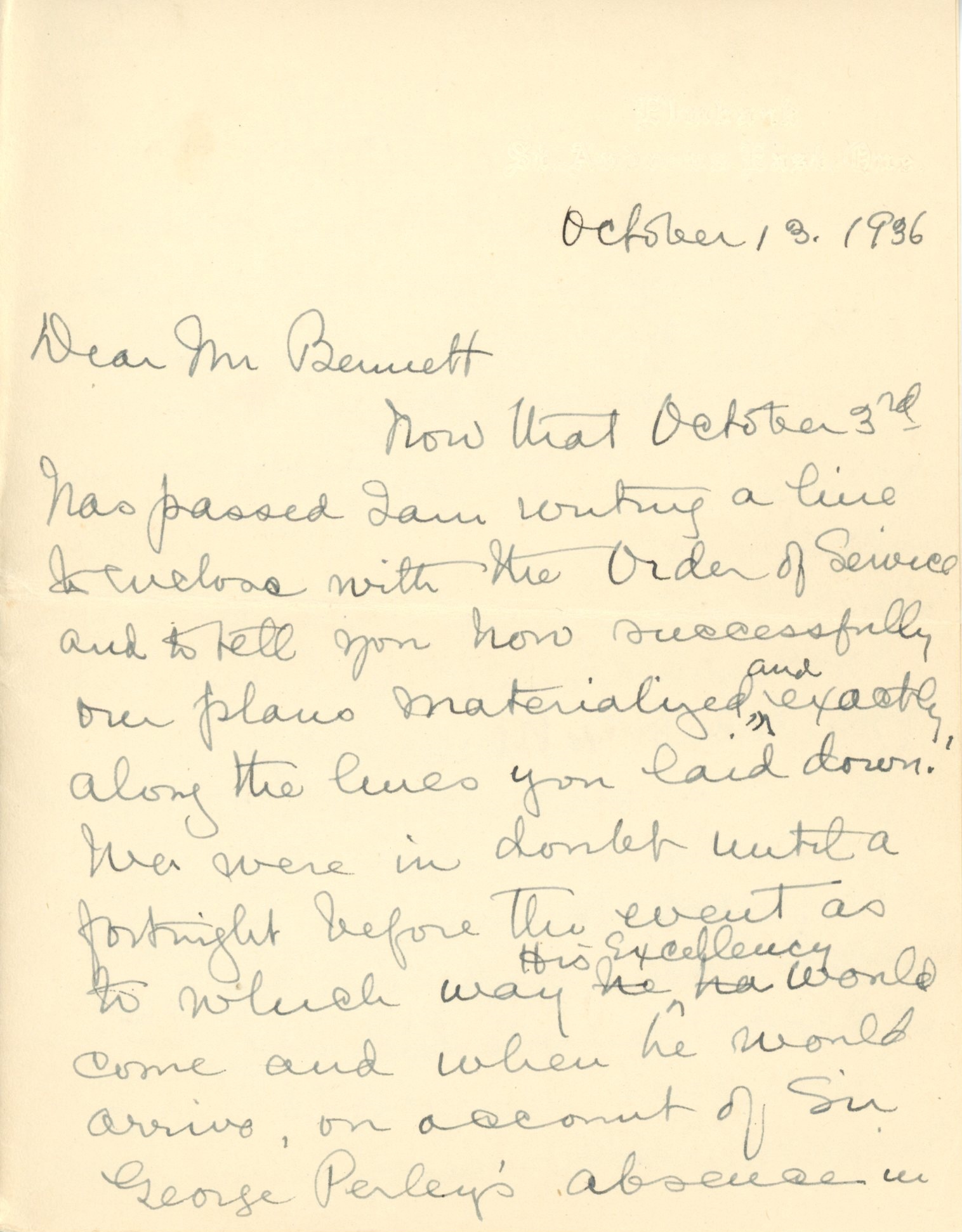 Handwritten letter from Maude Abbott to former prime minister R. B. Bennett (Richard Bedford Bennett) dated October 13, 1936, black ink on sepia paper. She describes the October 3, 1936 dedication ceremony for the Sir John Joseph Caldwell Abbott memorial. She says she is pleased with the enthusiasm of the people of the region for the event, and thanks the former prime minister for his interest and help in organizing it.