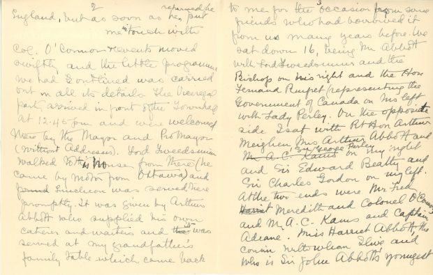 Handwritten letter from Maude Abbott to former prime minister R. B. Bennett (Richard Bedford Bennett) dated October 13, 1936, black ink on sepia paper. She describes the October 3, 1936 dedication ceremony for the Sir John Joseph Caldwell Abbott memorial. She says she is pleased with the enthusiasm of the people of the region for the event, and thanks the former prime minister for his interest and help in organizing it.