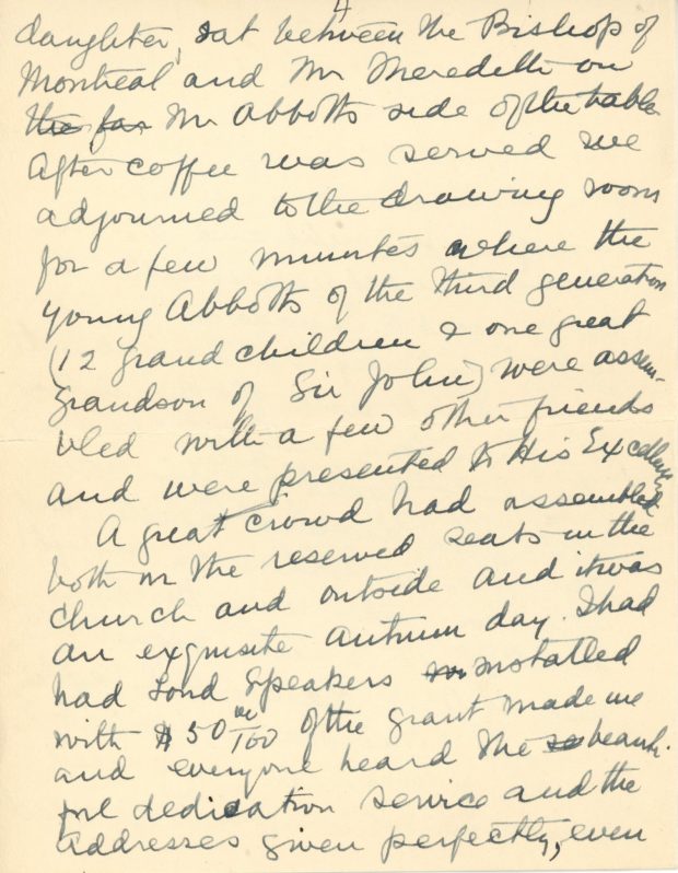 Handwritten letter from Maude Abbott to former prime minister R. B. Bennett (Richard Bedford Bennett) dated October 13, 1936, black ink on sepia paper. She describes the October 3, 1936 dedication ceremony for the Sir John Joseph Caldwell Abbott memorial. She says she is pleased with the enthusiasm of the people of the region for the event, and thanks the former prime minister for his interest and help in organizing it.