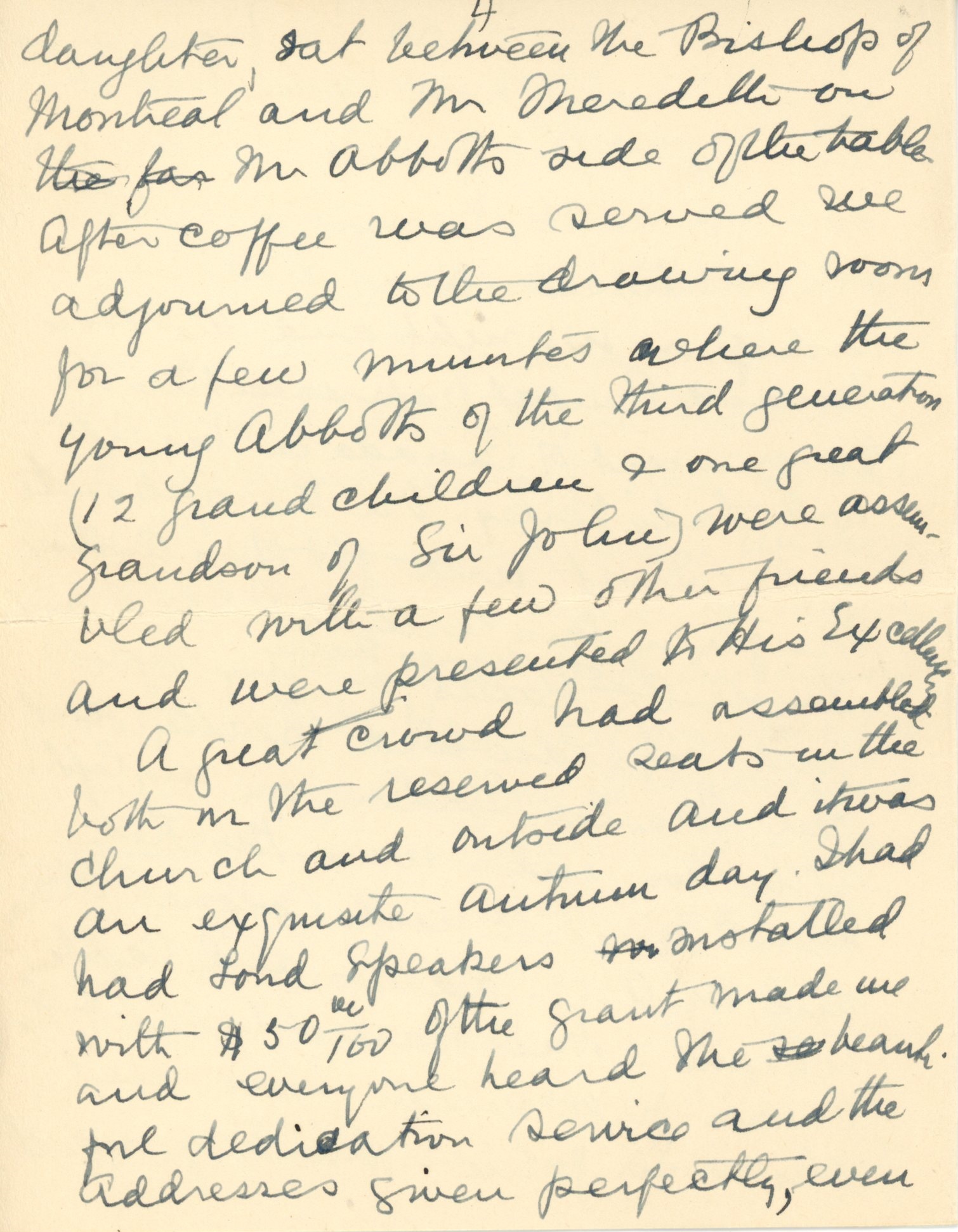 Handwritten letter from Maude Abbott to former prime minister R. B. Bennett (Richard Bedford Bennett) dated October 13, 1936, black ink on sepia paper. She describes the October 3, 1936 dedication ceremony for the Sir John Joseph Caldwell Abbott memorial. She says she is pleased with the enthusiasm of the people of the region for the event, and thanks the former prime minister for his interest and help in organizing it.