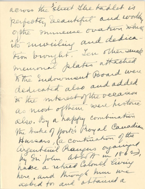 Handwritten letter from Maude Abbott to former prime minister R. B. Bennett (Richard Bedford Bennett) dated October 13, 1936, black ink on sepia paper. She describes the October 3, 1936 dedication ceremony for the Sir John Joseph Caldwell Abbott memorial. She says she is pleased with the enthusiasm of the people of the region for the event, and thanks the former prime minister for his interest and help in organizing it.