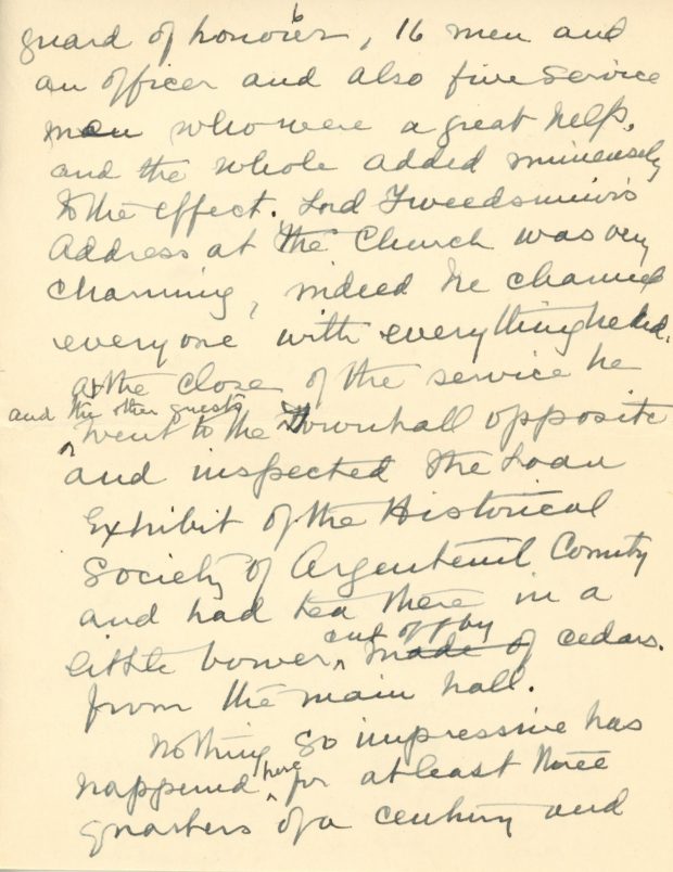 Handwritten letter from Maude Abbott to former prime minister R. B. Bennett (Richard Bedford Bennett) dated October 13, 1936, black ink on sepia paper. She describes the October 3, 1936 dedication ceremony for the Sir John Joseph Caldwell Abbott memorial. She says she is pleased with the enthusiasm of the people of the region for the event, and thanks the former prime minister for his interest and help in organizing it.