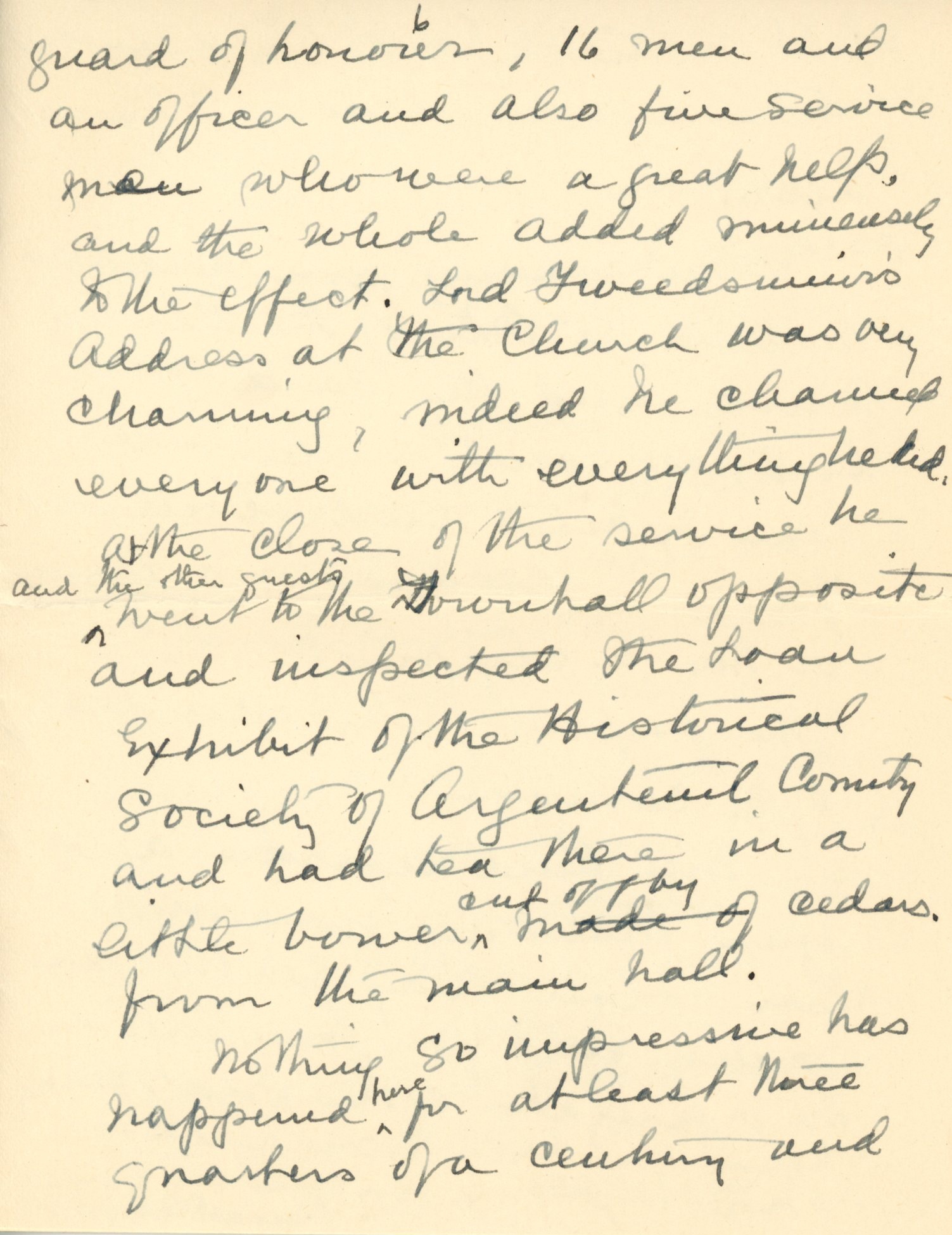 Handwritten letter from Maude Abbott to former prime minister R. B. Bennett (Richard Bedford Bennett) dated October 13, 1936, black ink on sepia paper. She describes the October 3, 1936 dedication ceremony for the Sir John Joseph Caldwell Abbott memorial. She says she is pleased with the enthusiasm of the people of the region for the event, and thanks the former prime minister for his interest and help in organizing it.