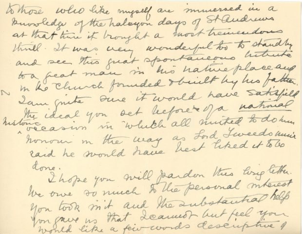 Handwritten letter from Maude Abbott to former prime minister R. B. Bennett (Richard Bedford Bennett) dated October 13, 1936, black ink on sepia paper. She describes the October 3, 1936 dedication ceremony for the Sir John Joseph Caldwell Abbott memorial. She says she is pleased with the enthusiasm of the people of the region for the event, and thanks the former prime minister for his interest and help in organizing it.