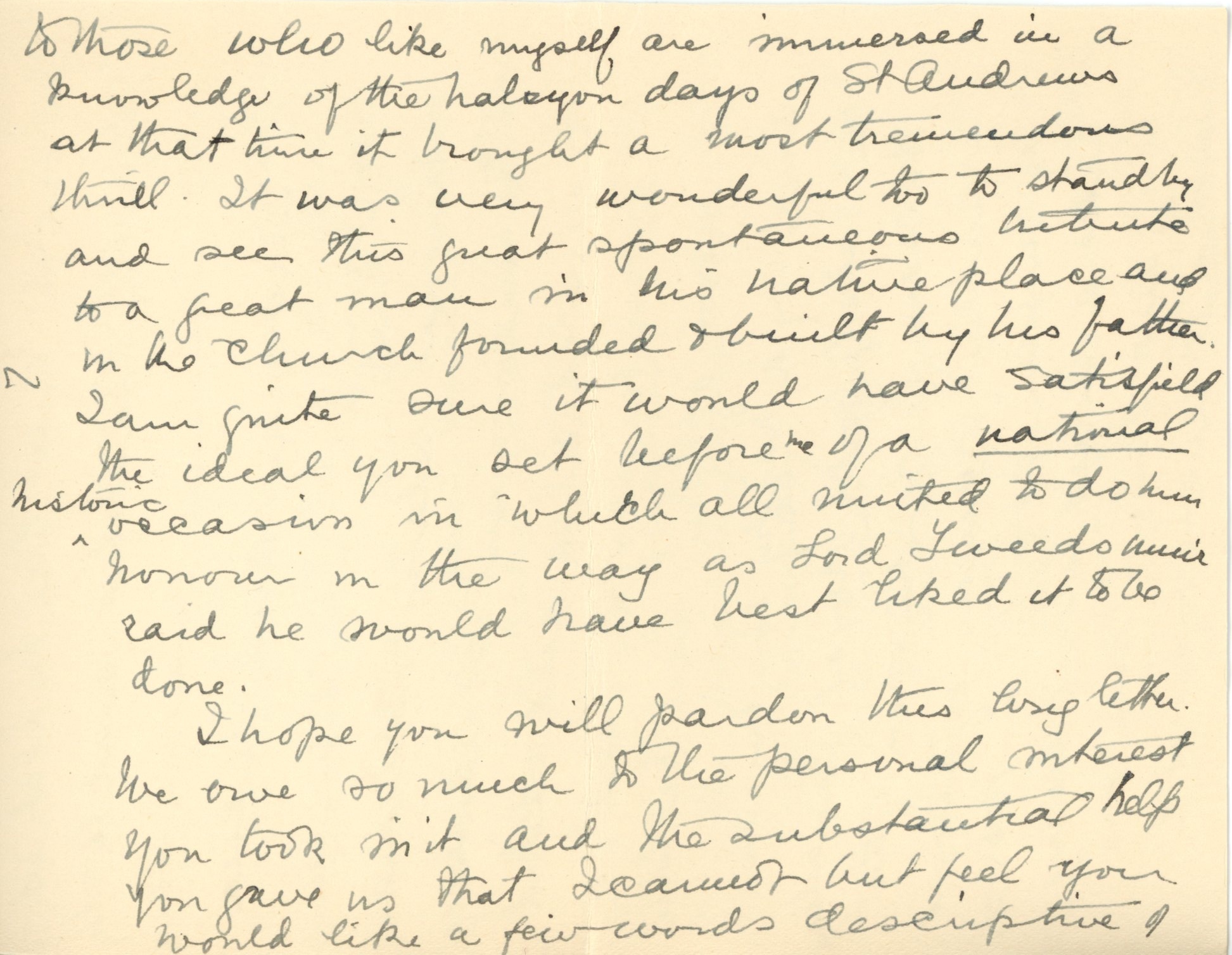 Handwritten letter from Maude Abbott to former prime minister R. B. Bennett (Richard Bedford Bennett) dated October 13, 1936, black ink on sepia paper. She describes the October 3, 1936 dedication ceremony for the Sir John Joseph Caldwell Abbott memorial. She says she is pleased with the enthusiasm of the people of the region for the event, and thanks the former prime minister for his interest and help in organizing it.