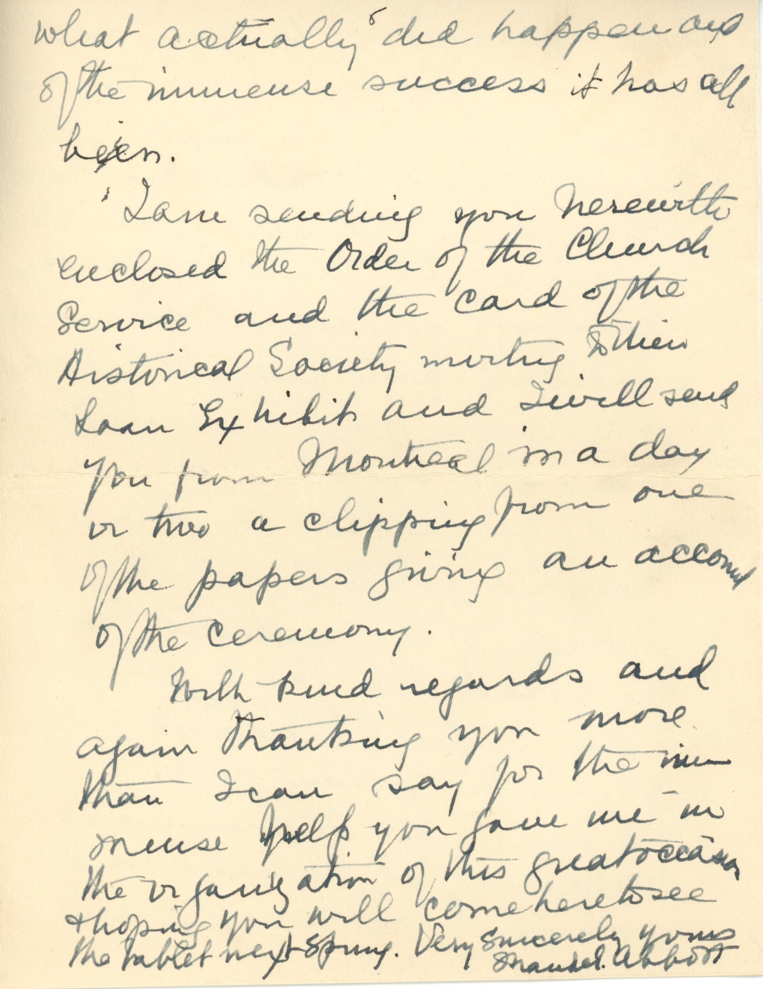 Handwritten letter from Maude Abbott to former prime minister R. B. Bennett (Richard Bedford Bennett) dated October 13, 1936, black ink on sepia paper. She describes the October 3, 1936 dedication ceremony for the Sir John Joseph Caldwell Abbott memorial. She says she is pleased with the enthusiasm of the people of the region for the event, and thanks the former prime minister for his interest and help in organizing it.