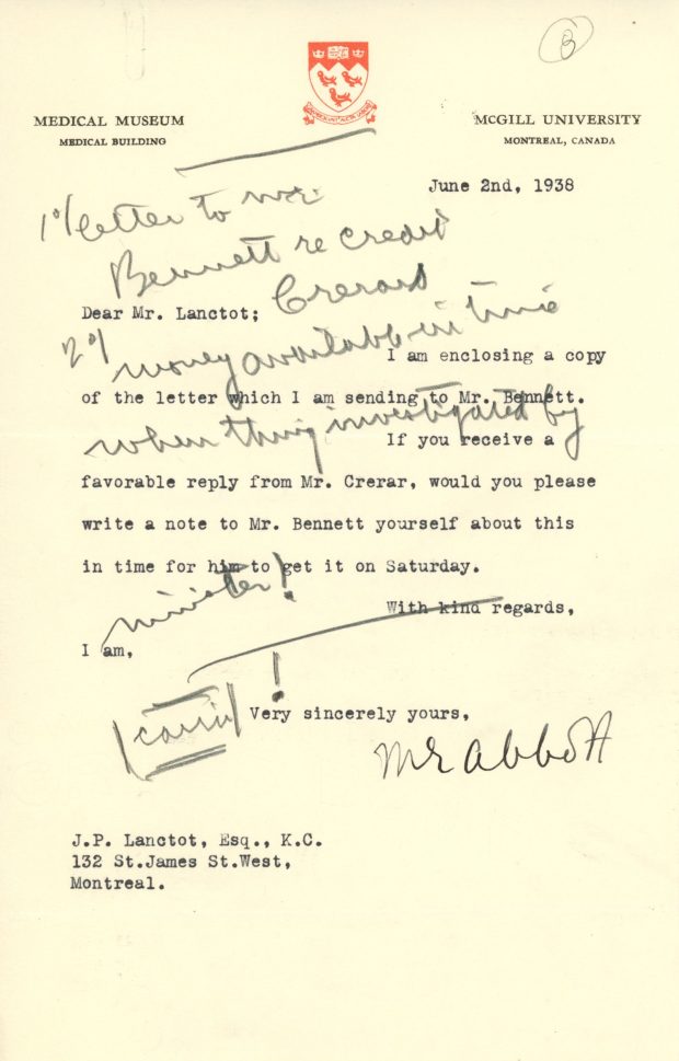 Correspondence for the opening of the Museum: Letter from Maude Abbott to J. P. Lanctôt concerning the visit of the Minister of Mines and Resources Mr. Crerar and former prime minister R.B. Bennet for the opening of the Museum on June 2, 1938.