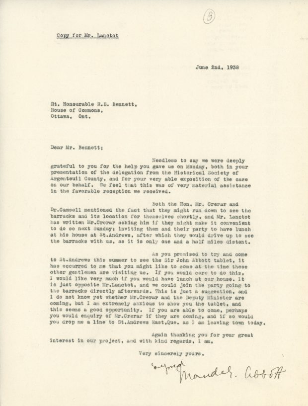Copy of a typed letter from Maude Abbott to R. B. Bennett dated June 2, 1938. She thanks him for his help with the Historical Society of Argenteuil County and The Barracks and invites him to visit St-Andrews.