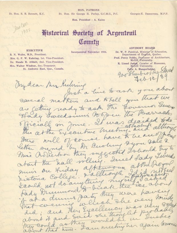 Handwritten letter from Maude Abbott to Mrs. Kuhring, February 12, 1939, black and purple ink on sepia paper. She tells of plans to ask the Governor General to officially open The Barracks (housing the museum) and asks Mrs. Kuhring about the progress of the artifact boxes and shelving for the museum.