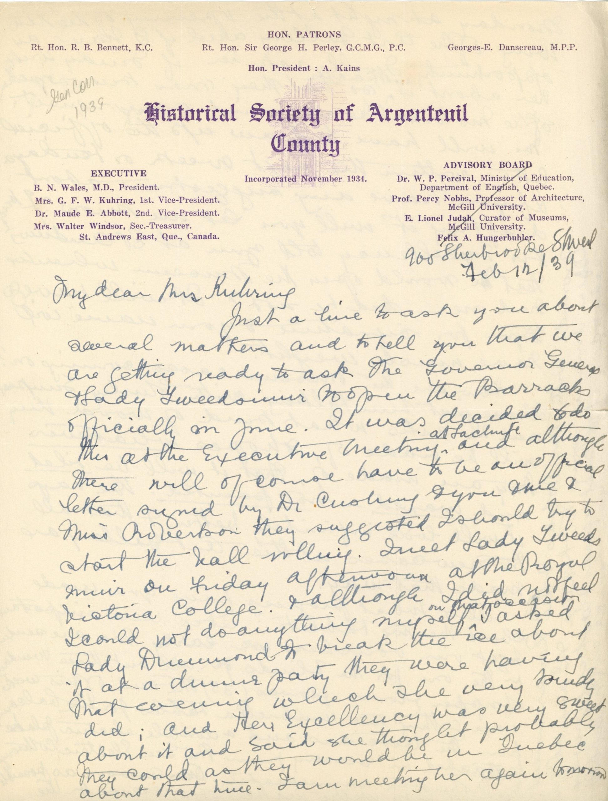 Handwritten letter from Maude Abbott to Mrs. Kuhring, February 12, 1939, black and purple ink on sepia paper. She tells of plans to ask the Governor General to officially open The Barracks (housing the museum) and asks Mrs. Kuhring about the progress of the artifact boxes and shelving for the museum.