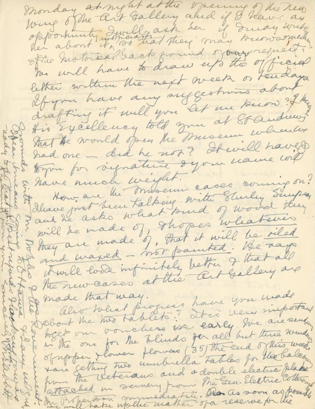 Handwritten letter from Maude Abbott to Mrs. Kuhring, February 12, 1939, black and purple ink on sepia paper. She tells of plans to ask the Governor General to officially open The Barracks (housing the museum) and asks Mrs. Kuhring about the progress of the artifact boxes and shelving for the museum.