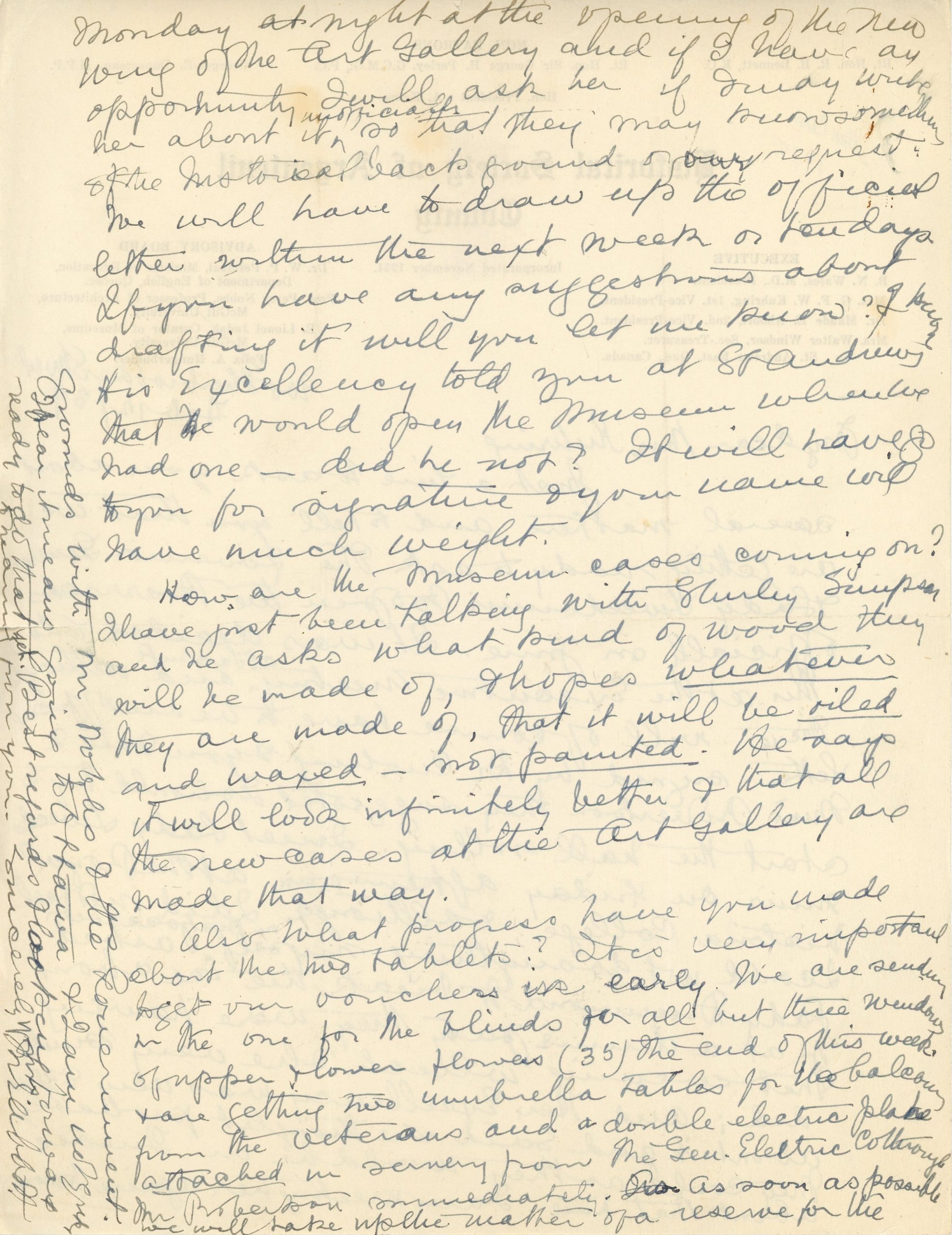Handwritten letter from Maude Abbott to Mrs. Kuhring, February 12, 1939, black and purple ink on sepia paper. She tells of plans to ask the Governor General to officially open The Barracks (housing the museum) and asks Mrs. Kuhring about the progress of the artifact boxes and shelving for the museum.
