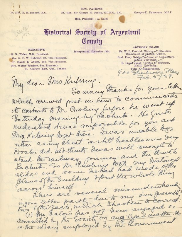 Handwritten letter from Maude Abbott to Mrs. Kuhring, February 5, 1939, black and purple ink on sepia paper. She mentions that she was not well enough for the railway journey and drive to Lachute, answers and asks questions about Museum business in response to Mrs. Kuhring’s previous letter, and explains that her recovery is slow due to a fractured rib and an old injury.