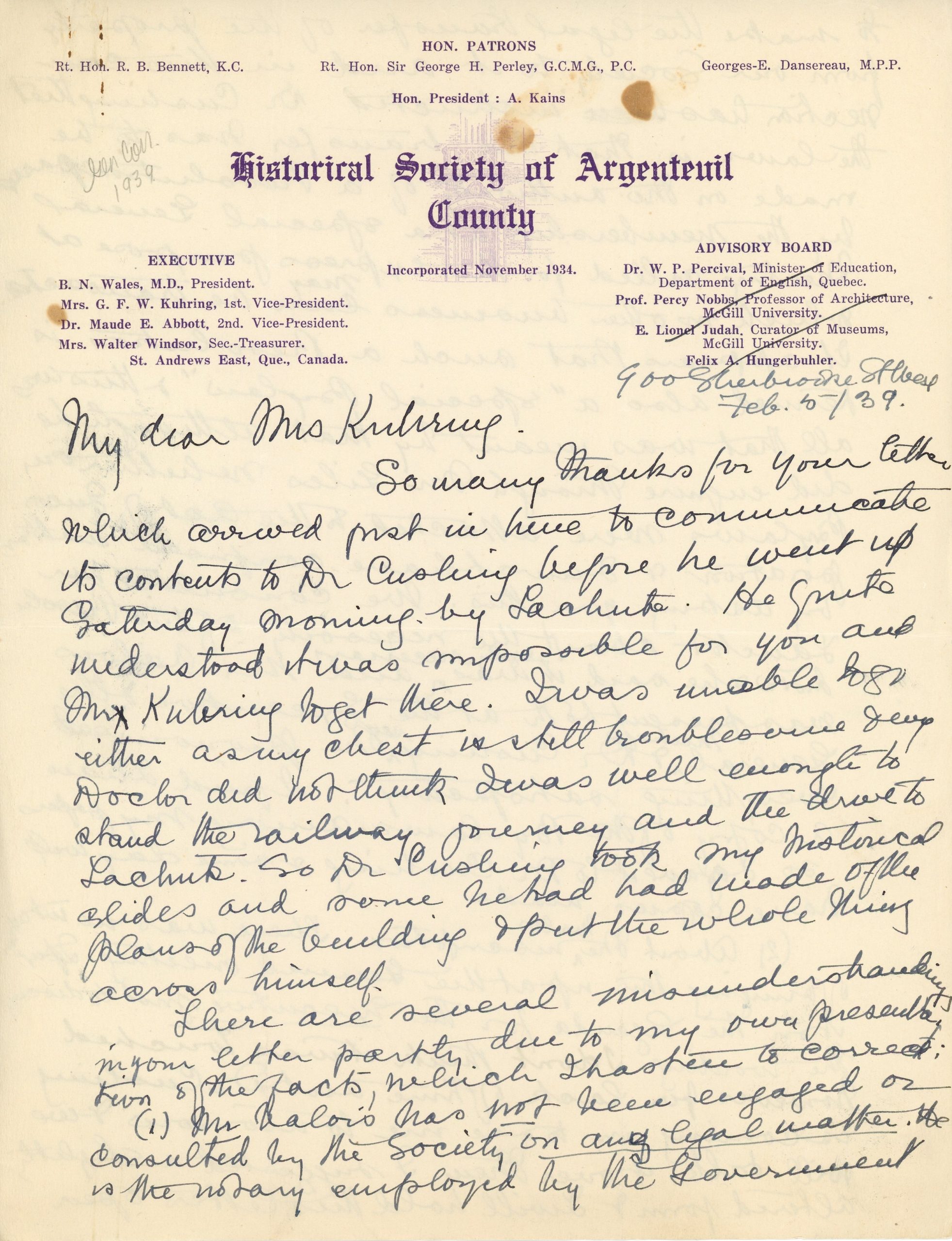 Handwritten letter from Maude Abbott to Mrs. Kuhring, February 5, 1939, black and purple ink on sepia paper. She mentions that she was not well enough for the railway journey and drive to Lachute, answers and asks questions about Museum business in response to Mrs. Kuhring’s previous letter, and explains that her recovery is slow due to a fractured rib and an old injury.