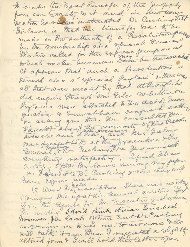 Handwritten letter from Maude Abbott to Mrs. Kuhring, February 5, 1939, black and purple ink on sepia paper. She mentions that she was not well enough for the railway journey and drive to Lachute, answers and asks questions about Museum business in response to Mrs. Kuhring’s previous letter, and explains that her recovery is slow due to a fractured rib and an old injury.