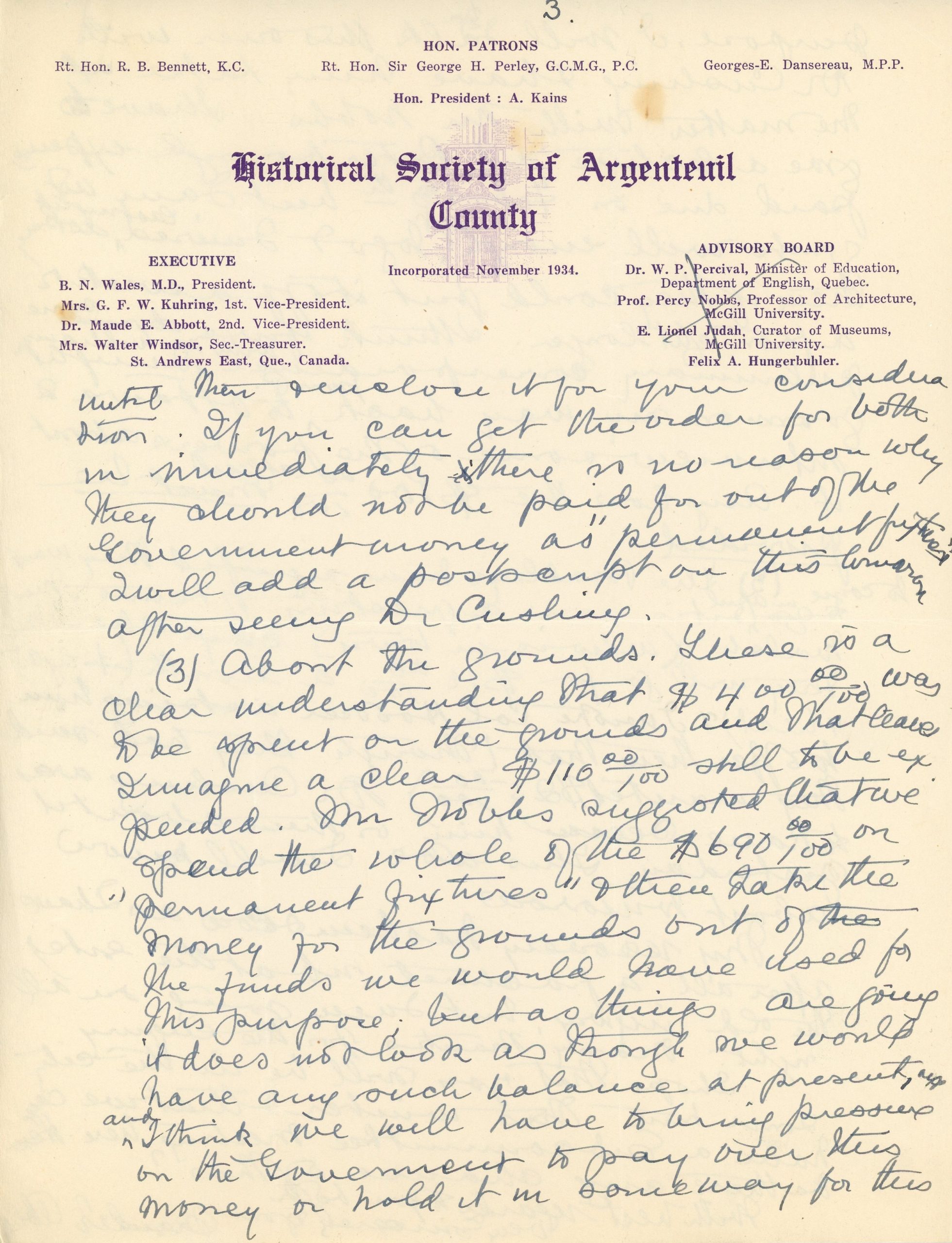 Handwritten letter from Maude Abbott to Mrs. Kuhring, February 5, 1939, black and purple ink on sepia paper. She mentions that she was not well enough for the railway journey and drive to Lachute, answers and asks questions about Museum business in response to Mrs. Kuhring’s previous letter, and explains that her recovery is slow due to a fractured rib and an old injury.