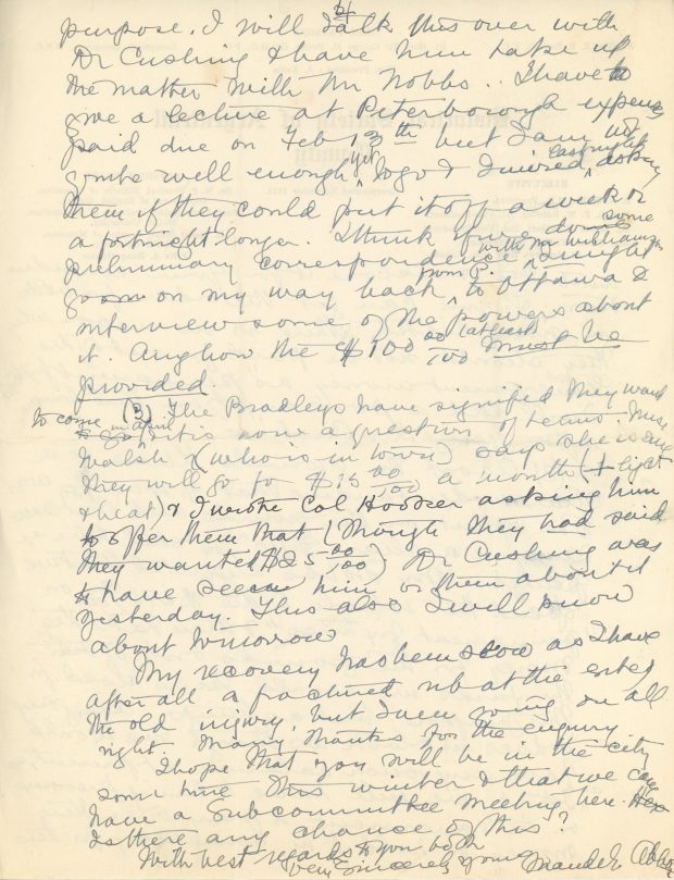 Handwritten letter from Maude Abbott to Mrs. Kuhring, February 5, 1939, black and purple ink on sepia paper. She mentions that she was not well enough for the railway journey and drive to Lachute, answers and asks questions about Museum business in response to Mrs. Kuhring’s previous letter, and explains that her recovery is slow due to a fractured rib and an old injury.