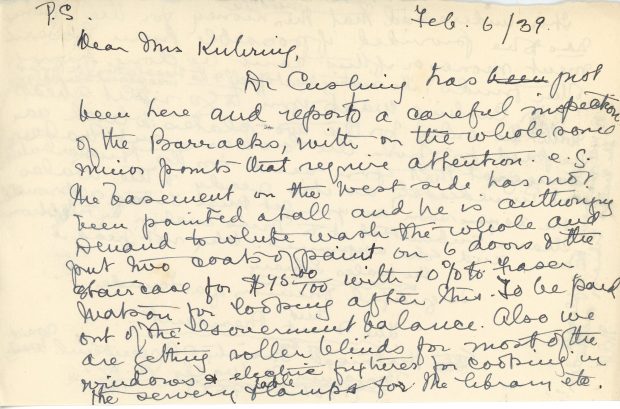 Handwritten letter from Maude Abbott to Mrs. Kuhring, February 5, 1939, black and purple ink on sepia paper. She mentions that she was not well enough for the railway journey and drive to Lachute, answers and asks questions about Museum business in response to Mrs. Kuhring’s previous letter, and explains that her recovery is slow due to a fractured rib and an old injury.