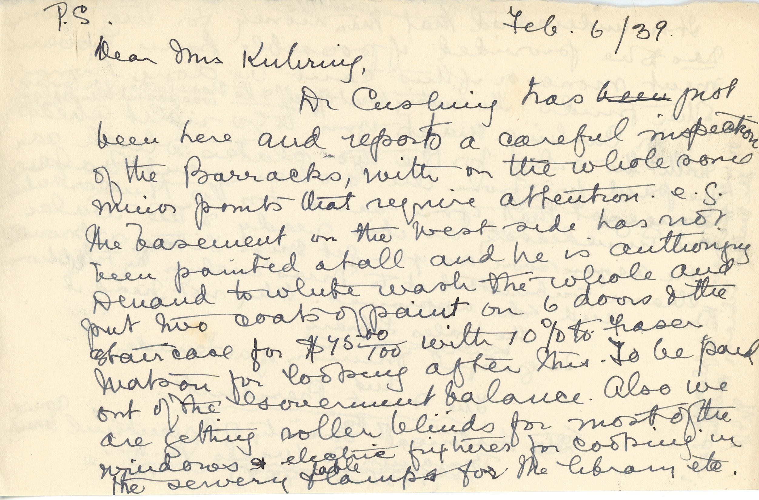 Handwritten letter from Maude Abbott to Mrs. Kuhring, February 5, 1939, black and purple ink on sepia paper. She mentions that she was not well enough for the railway journey and drive to Lachute, answers and asks questions about Museum business in response to Mrs. Kuhring’s previous letter, and explains that her recovery is slow due to a fractured rib and an old injury.