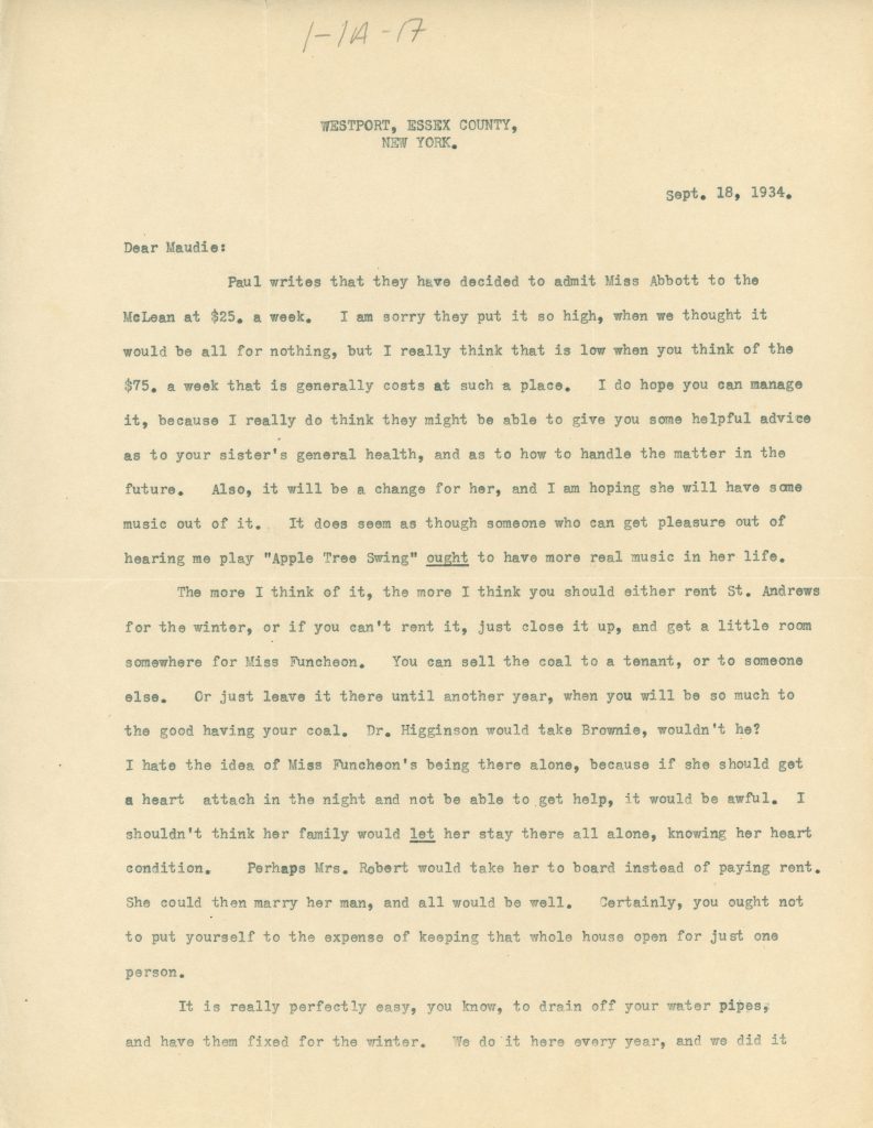 Lettre dactylographiée de Mary Lee à Maude Abbott datée du 18 septembre 1934, 2 pages, encre noire sur papier sépia. Il est question de l’admission d’Alice au McLean, d’Elmbank et des nouvelles de la ville.