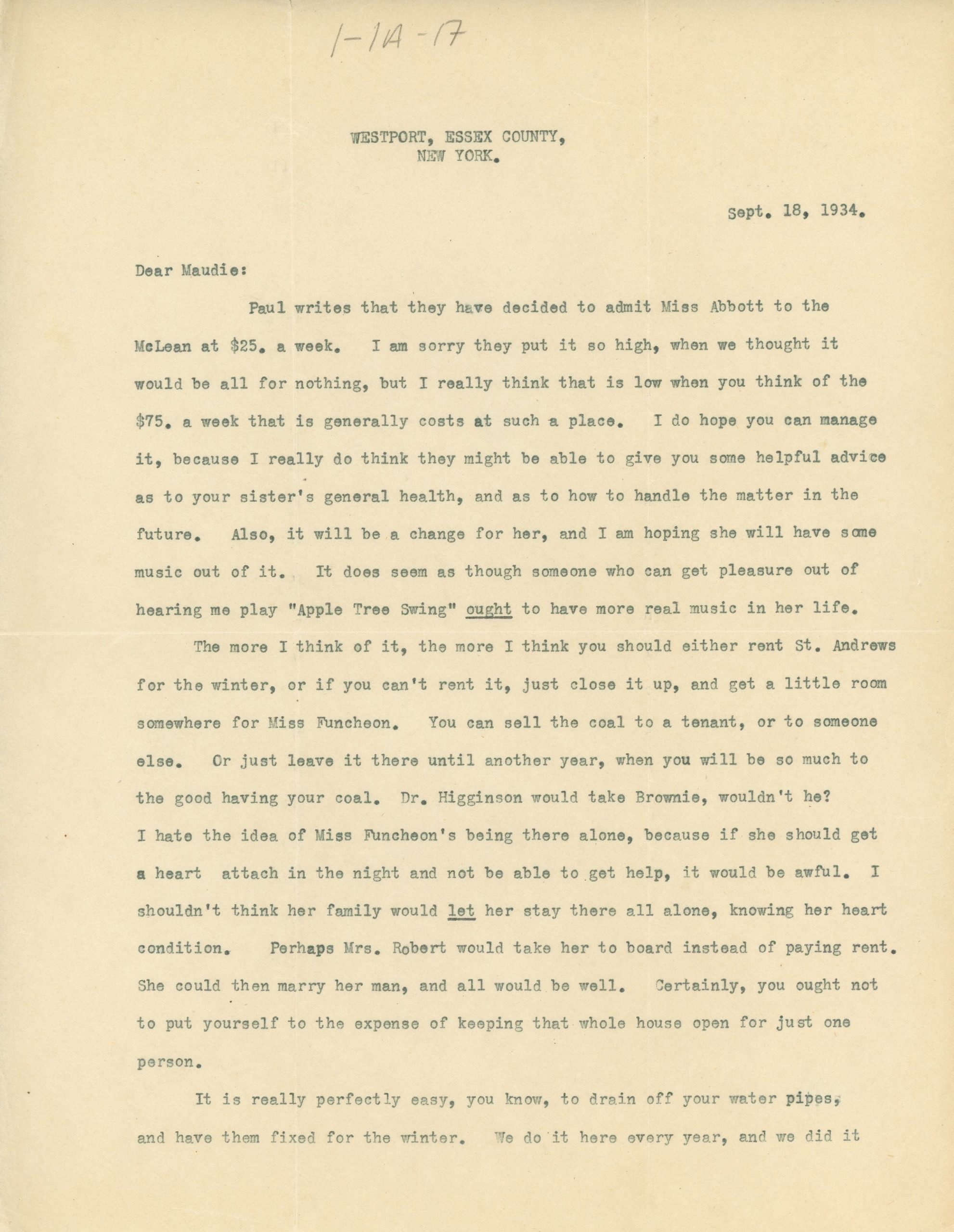 Typewritten letter from Mary Lee to Maude Abbott dated September 18, 1934, 2 pages, black ink on sepia paper. The letter discusses Alice’s admission to McLean Hospital, Elmbank, and news from the city.