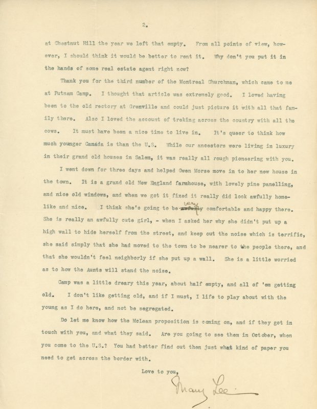 Typewritten letter from Mary Lee to Maude Abbott dated September 18, 1934, 2 pages, black ink on sepia paper. The letter discusses Alice’s admission to McLean Hospital, Elmbank, and news from the city.