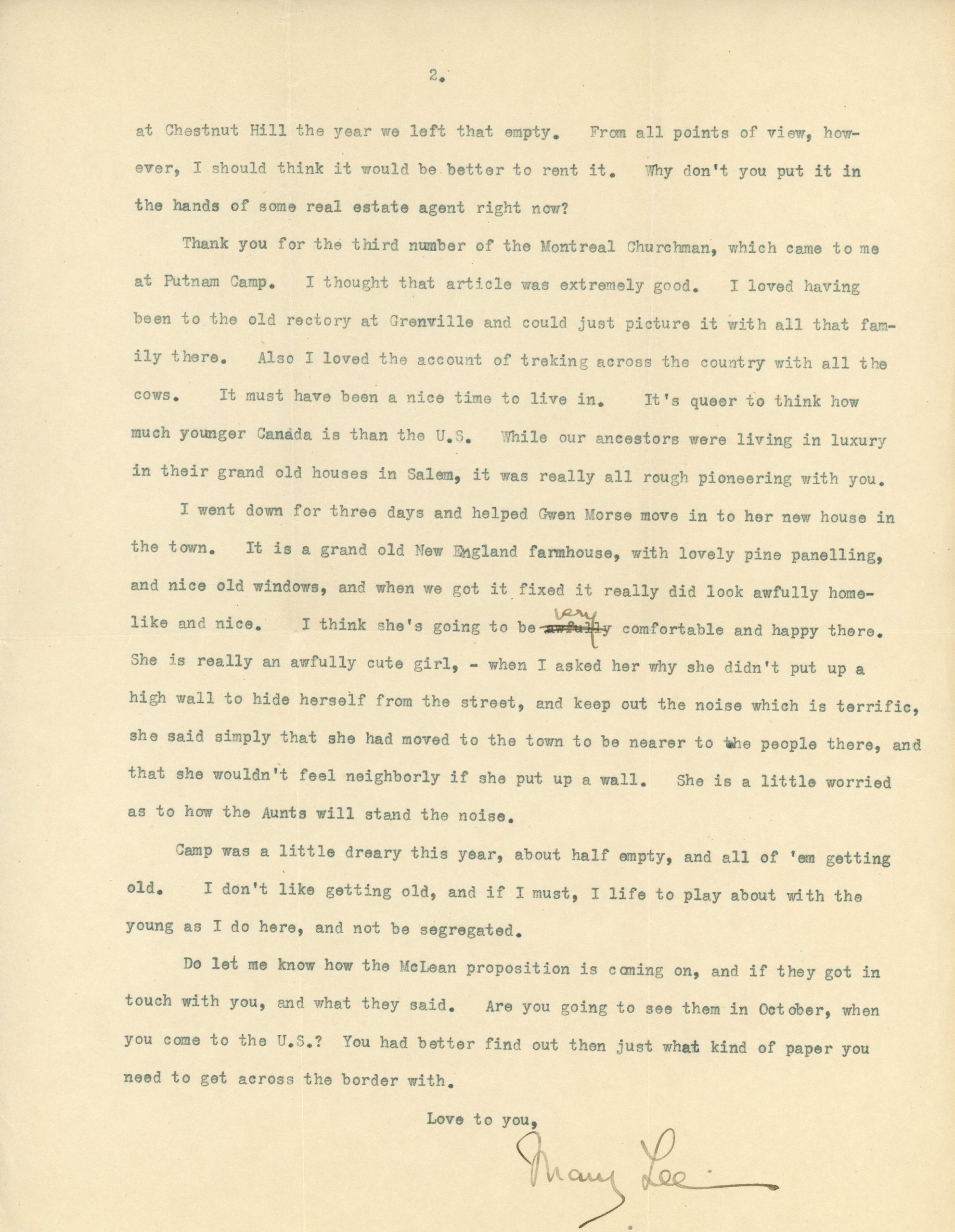 Typewritten letter from Mary Lee to Maude Abbott dated September 18, 1934, 2 pages, black ink on sepia paper. The letter discusses Alice’s admission to McLean Hospital, Elmbank, and news from the city.