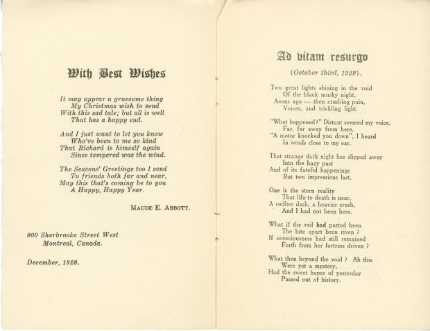 Christmas booklet written by Maude Abbott in December 1929, 6 pages, black ink on sepia paper. The cover bears the single word “Christmas”, while the following pages contain Christmas wishes from Maude Abbott and two of her poems, “Ad vitam resurgo” and “My Mind”.