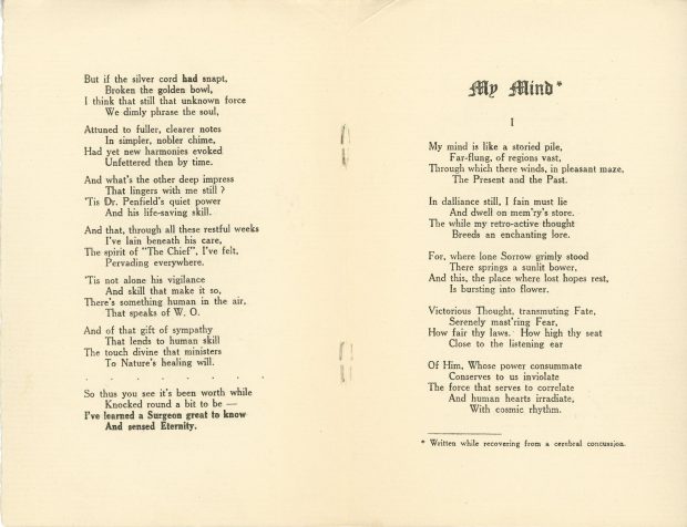 Christmas booklet written by Maude Abbott in December 1929, 6 pages, black ink on sepia paper. The cover bears the single word “Christmas”, while the following pages contain Christmas wishes from Maude Abbott and two of her poems, “Ad vitam resurgo” and “My Mind”.