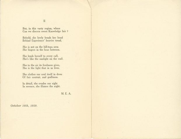 Christmas booklet written by Maude Abbott in December 1929, 6 pages, black ink on sepia paper. The cover bears the single word “Christmas”, while the following pages contain Christmas wishes from Maude Abbott and two of her poems, “Ad vitam resurgo” and “My Mind”.