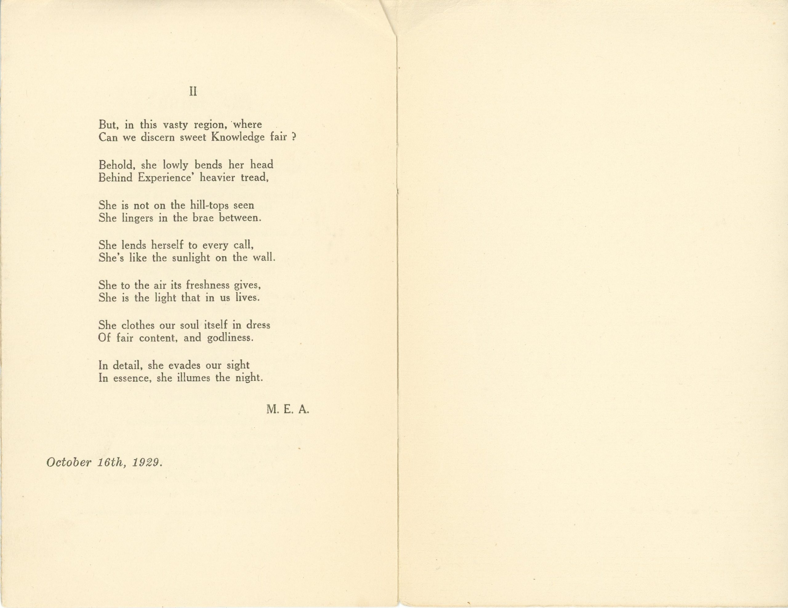 Christmas booklet written by Maude Abbott in December 1929, 6 pages, black ink on sepia paper. The cover bears the single word “Christmas”, while the following pages contain Christmas wishes from Maude Abbott and two of her poems, “Ad vitam resurgo” and “My Mind”.