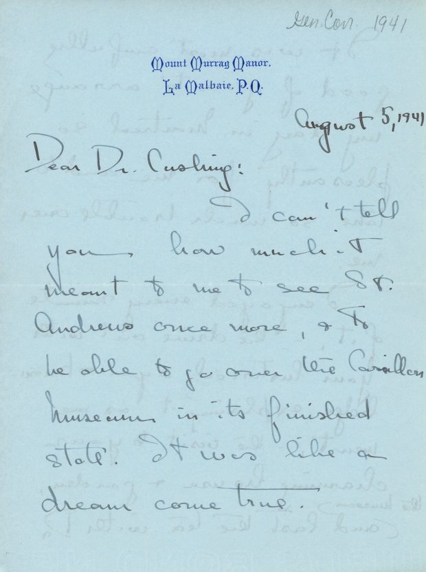 Handwritten letter from Mary Lee to Dr. Cushing written on August 5, 1941, black ink on blue paper. She thanks Dr. Cushing for her visit to St. Andrews and the Museum and congratulates him for all his work at the Museum, having particularly enjoyed the Abbott Room.