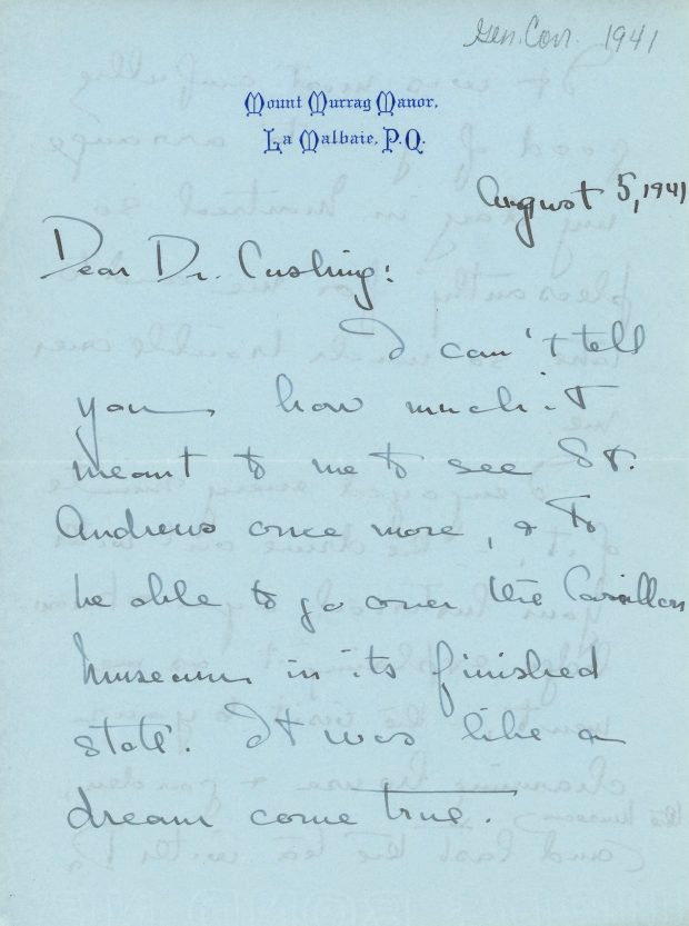 Handwritten letter from Mary Lee to Dr. Cushing written on August 5, 1941, black ink on blue paper. She thanks Dr. Cushing for her visit to St. Andrews and the Museum and congratulates him for all his work at the Museum, having particularly enjoyed the Abbott Room.