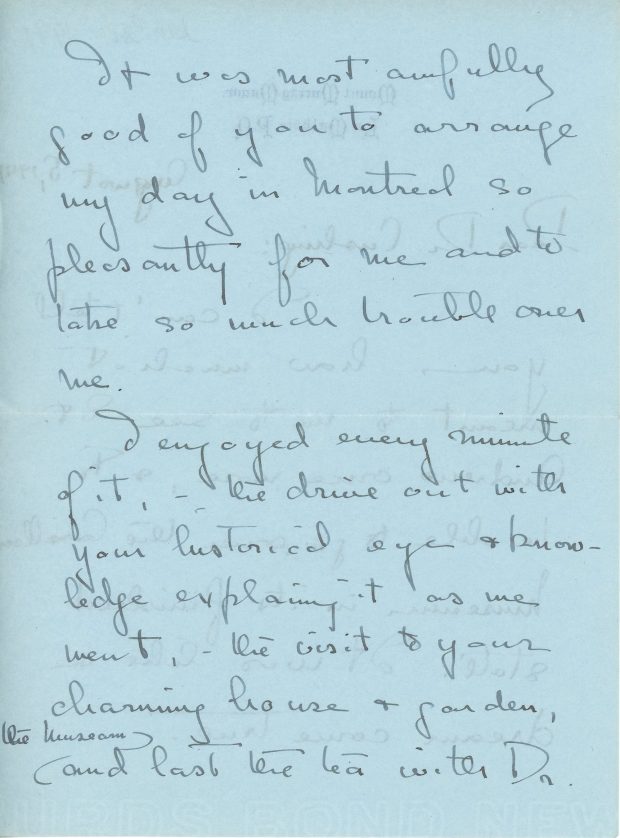 Handwritten letter from Mary Lee to Dr. Cushing written on August 5, 1941, black ink on blue paper. She thanks Dr. Cushing for her visit to St. Andrews and the Museum and congratulates him for all his work at the Museum, having particularly enjoyed the Abbott Room.