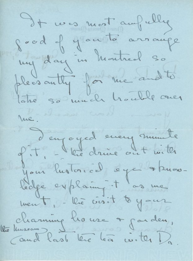 Handwritten letter from Mary Lee to Dr. Cushing written on August 5, 1941, black ink on blue paper. She thanks Dr. Cushing for her visit to St. Andrews and the Museum and congratulates him for all his work at the Museum, having particularly enjoyed the Abbott Room.