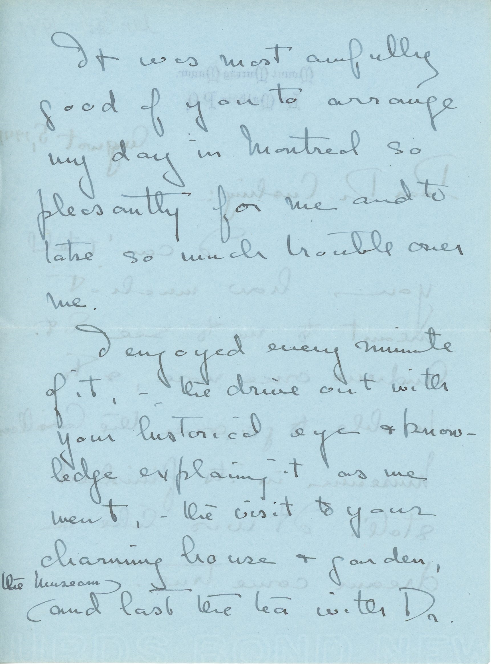 Handwritten letter from Mary Lee to Dr. Cushing written on August 5, 1941, black ink on blue paper. She thanks Dr. Cushing for her visit to St. Andrews and the Museum and congratulates him for all his work at the Museum, having particularly enjoyed the Abbott Room.