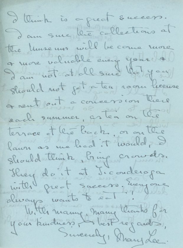 Handwritten letter from Mary Lee to Dr. Cushing written on August 5, 1941, black ink on blue paper. She thanks Dr. Cushing for her visit to St. Andrews and the Museum and congratulates him for all his work at the Museum, having particularly enjoyed the Abbott Room.