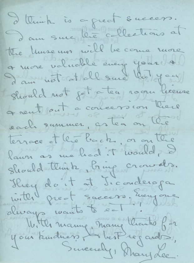 Handwritten letter from Mary Lee to Dr. Cushing written on August 5, 1941, black ink on blue paper. She thanks Dr. Cushing for her visit to St. Andrews and the Museum and congratulates him for all his work at the Museum, having particularly enjoyed the Abbott Room.