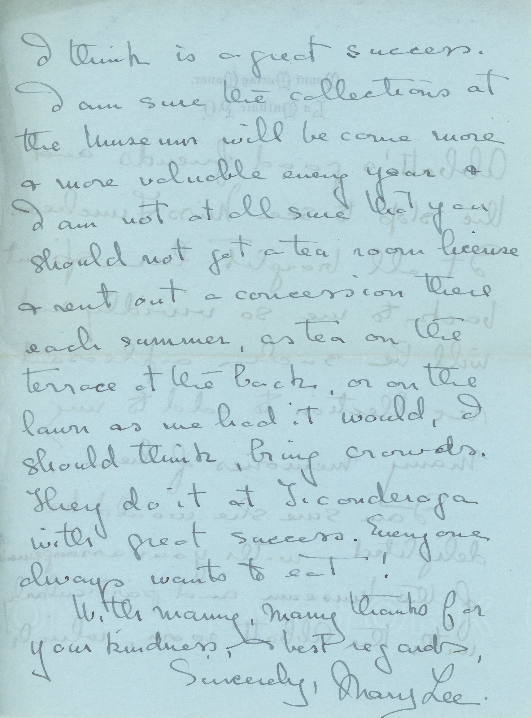 Handwritten letter from Mary Lee to Dr. Cushing written on August 5, 1941, black ink on blue paper. She thanks Dr. Cushing for her visit to St. Andrews and the Museum and congratulates him for all his work at the Museum, having particularly enjoyed the Abbott Room.